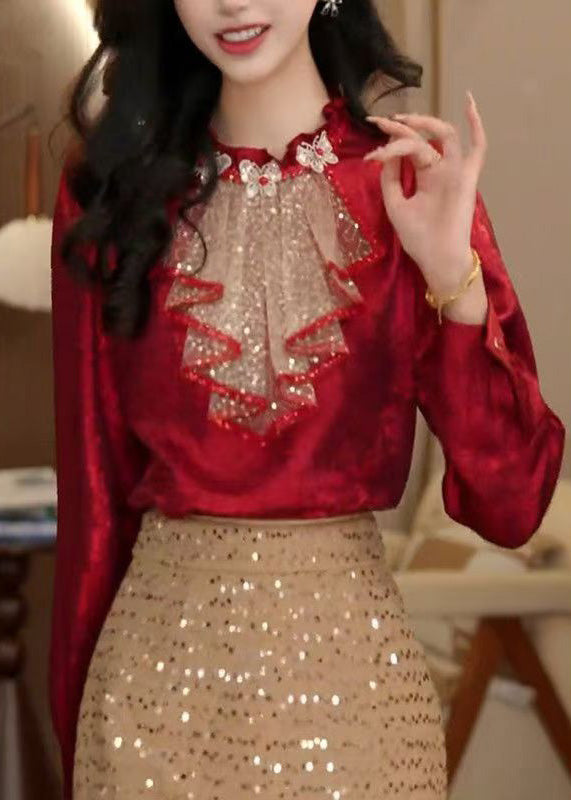 Chic Red Ruffled Sequins Patchwork Silk Blouse Tops Fall