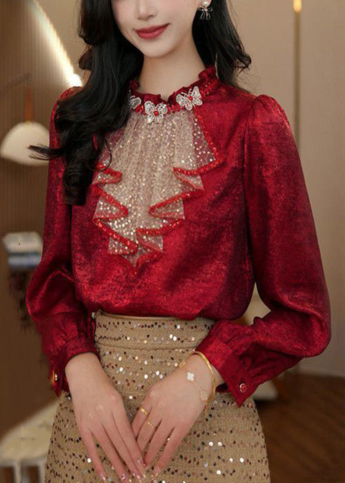 Chic Red Ruffled Sequins Patchwork Silk Blouse Tops Fall