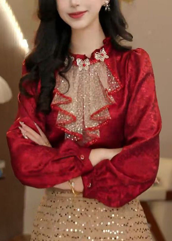 Chic Red Ruffled Sequins Patchwork Silk Blouse Tops Fall