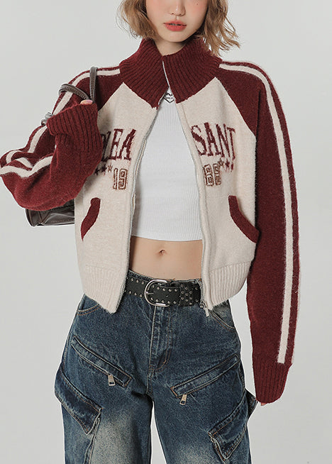 Chic Red Stand Collar Patchwork Knit Loose Coat Winter