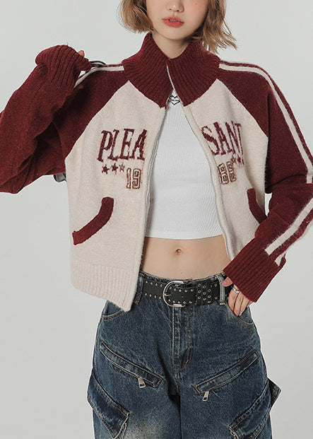 Chic Red Stand Collar Patchwork Knit Loose Coat Winter