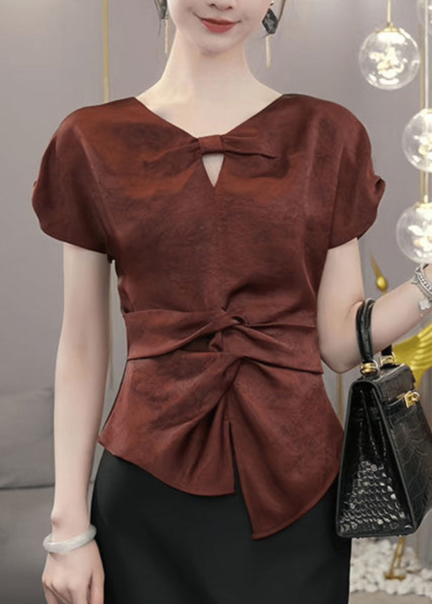 Chic Red V Neck Cinched Shirts Summer