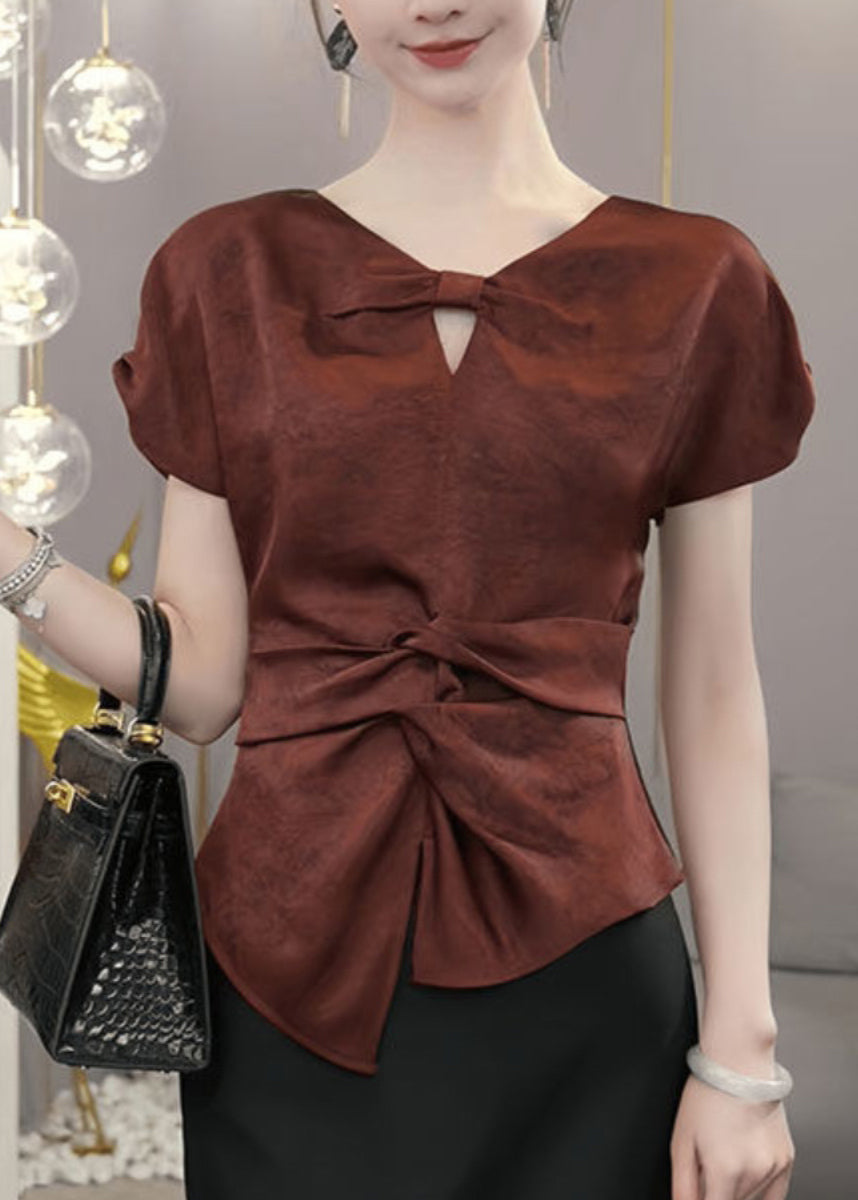 Chic Red V Neck Cinched Shirts Summer