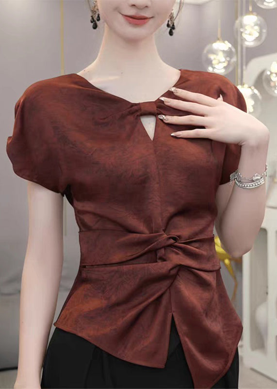 Chic Red V Neck Cinched Shirts Summer