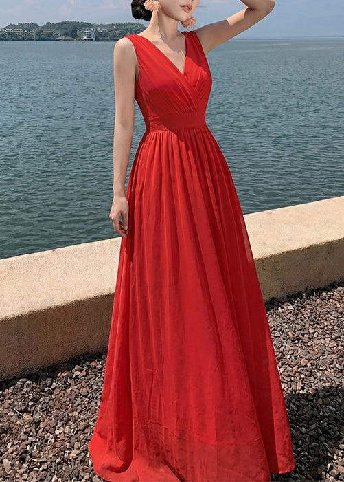 Chic Red V Neck Patchwork Chiffon Maxi Dresses Sleeveless