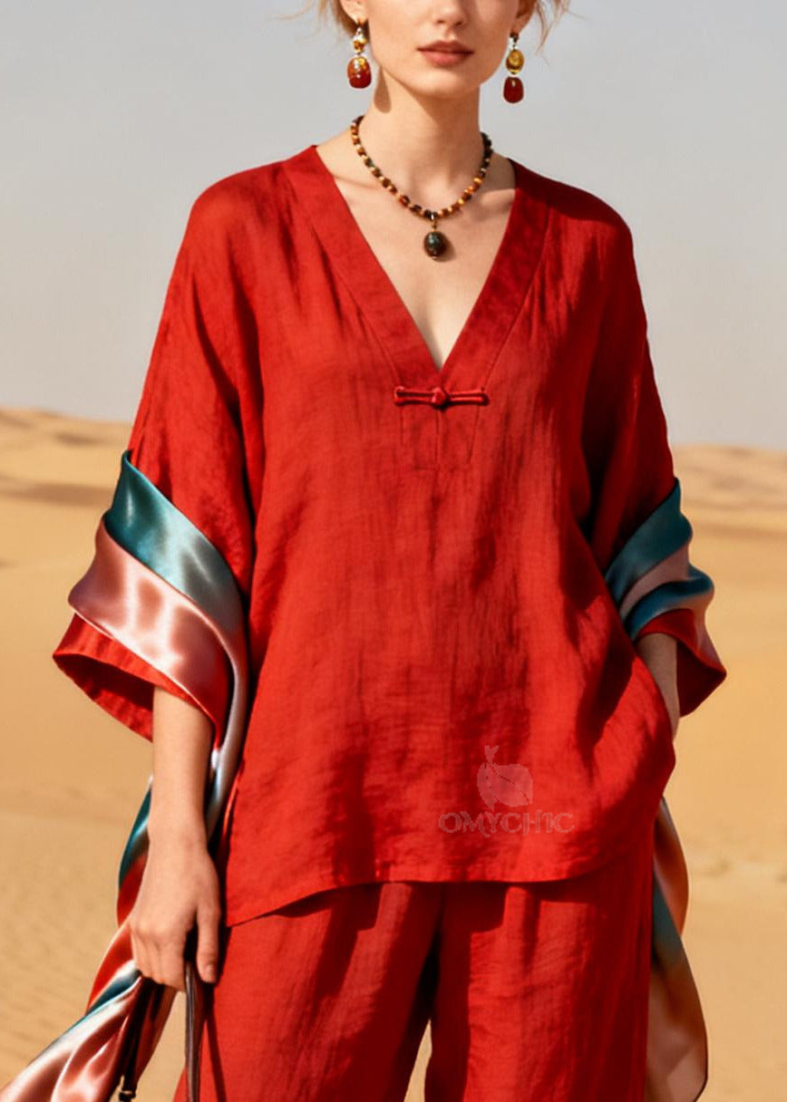 Chic Red V Neck Patchwork Shawl Chinese Button Cotton Two Pieces Set Spring