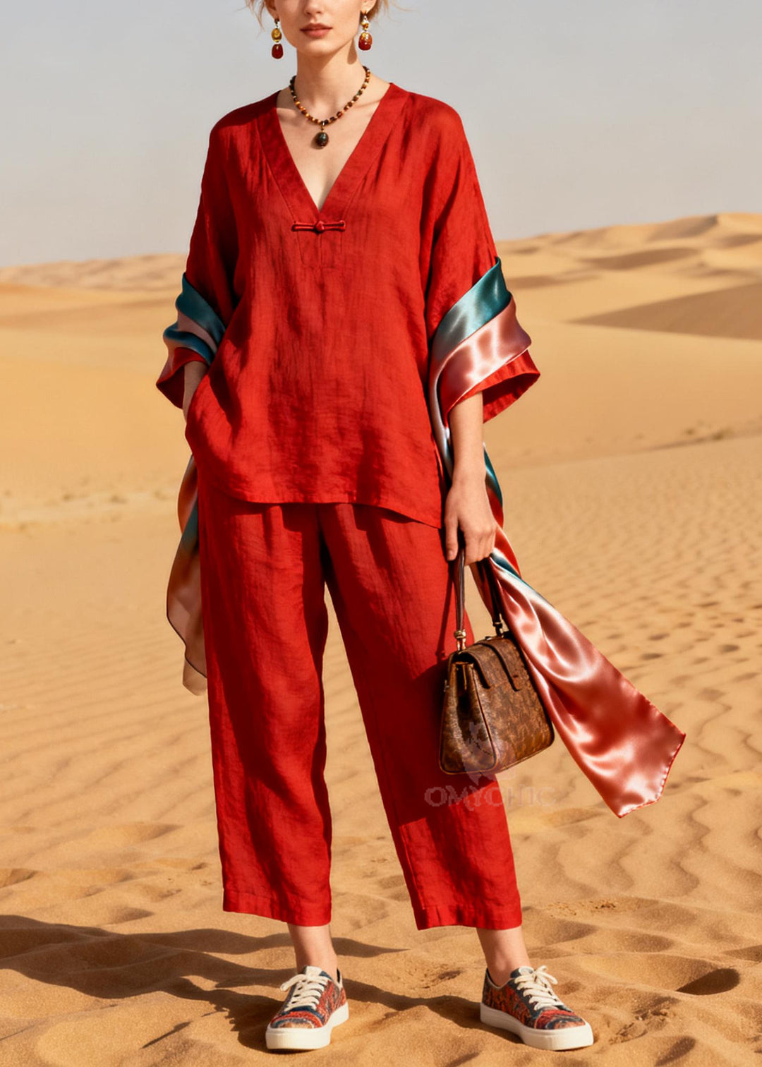 Chic Red V Neck Patchwork Shawl Chinese Button Cotton Two Pieces Set Spring