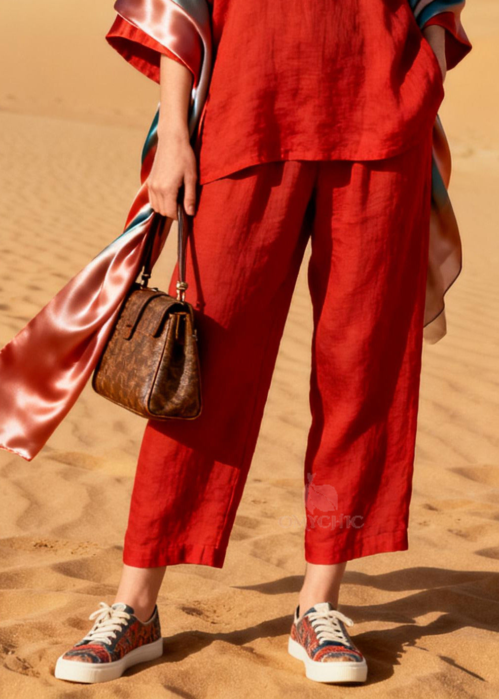 Chic Red V Neck Patchwork Shawl Chinese Button Cotton Two Pieces Set Spring