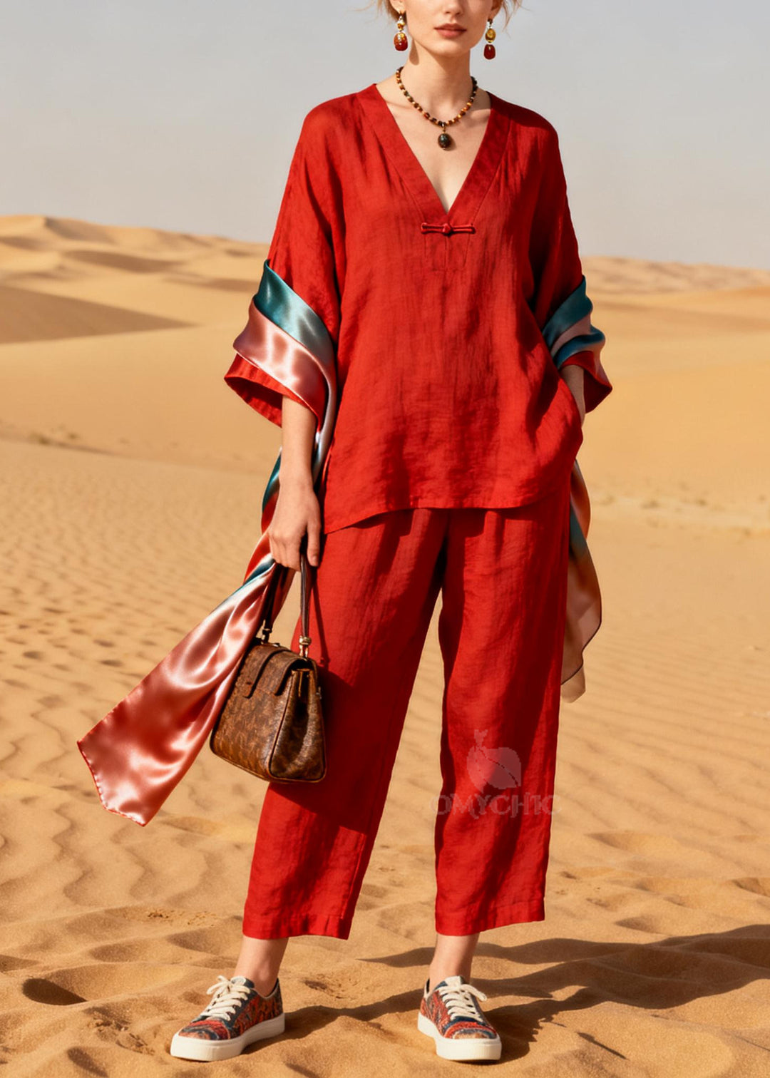 Chic Red V Neck Patchwork Shawl Chinese Button Cotton Two Pieces Set Spring