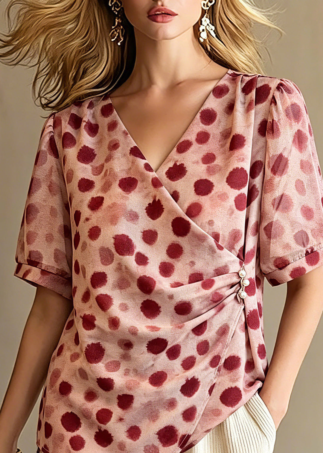 Chic Red V Neck Print Top Summer