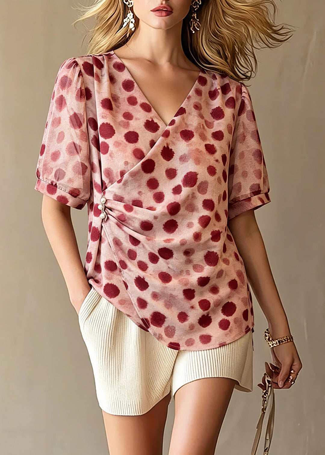 Chic Red V Neck Print Top Summer