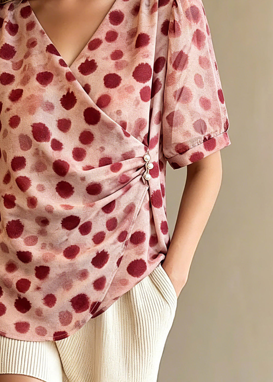 Chic Red V Neck Print Top Summer