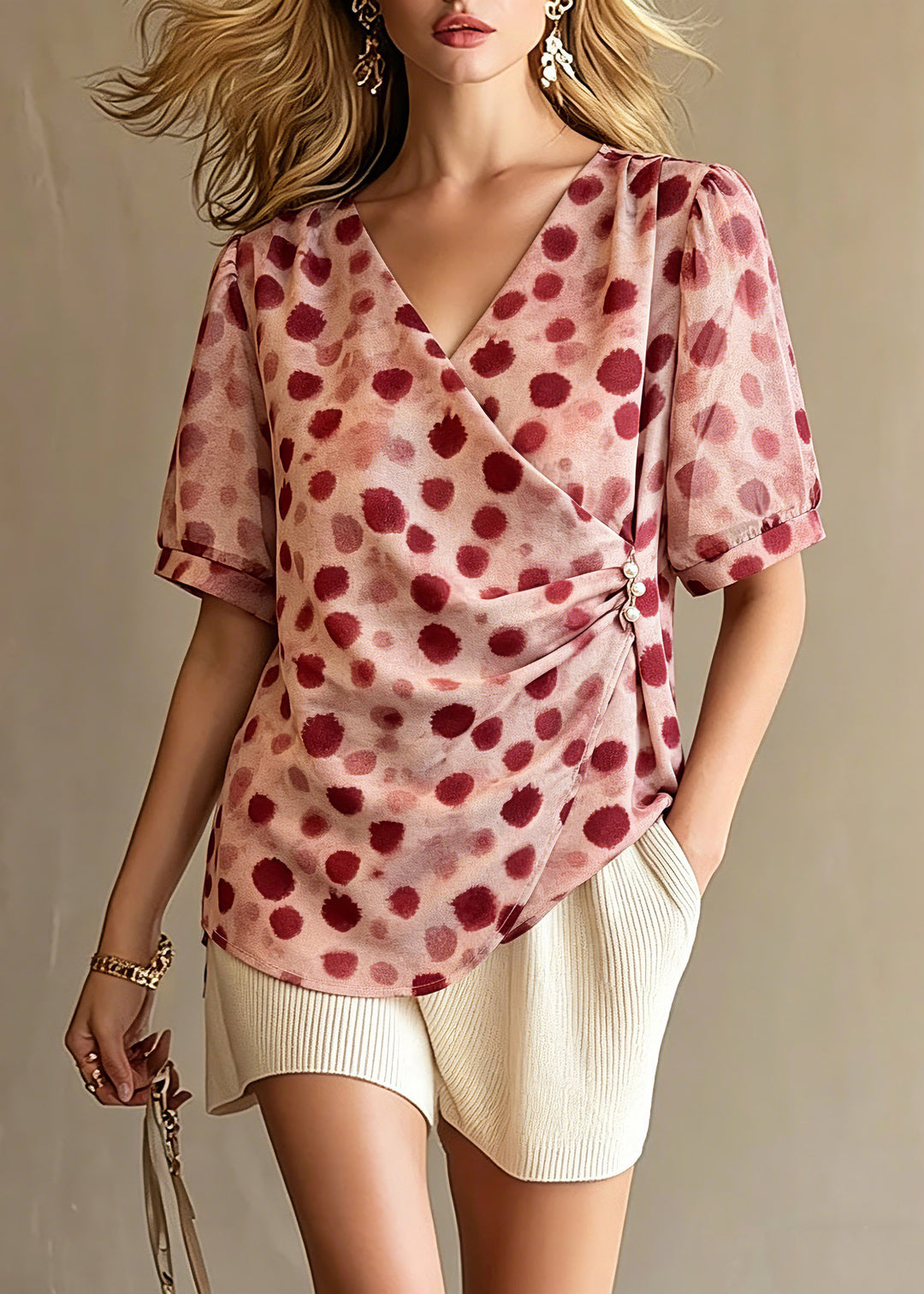 Chic Red V Neck Print Top Summer