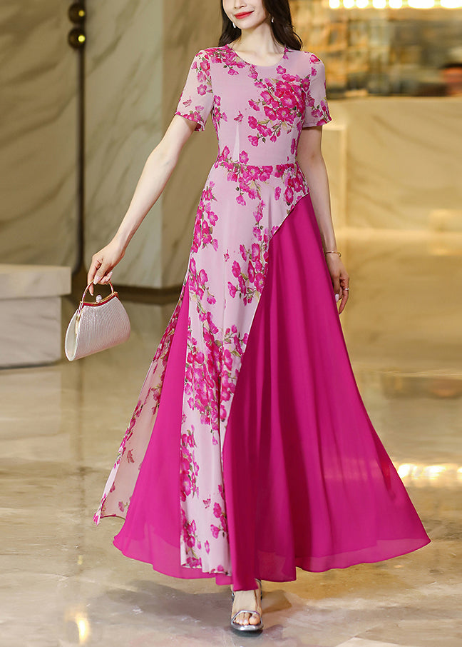 Chic Rose Asymmetrical Print Patchwork Chiffon Dresses Summer
