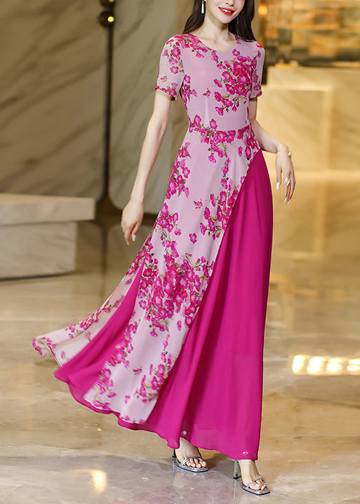 Chic Rose Asymmetrical Print Patchwork Chiffon Dresses Summer