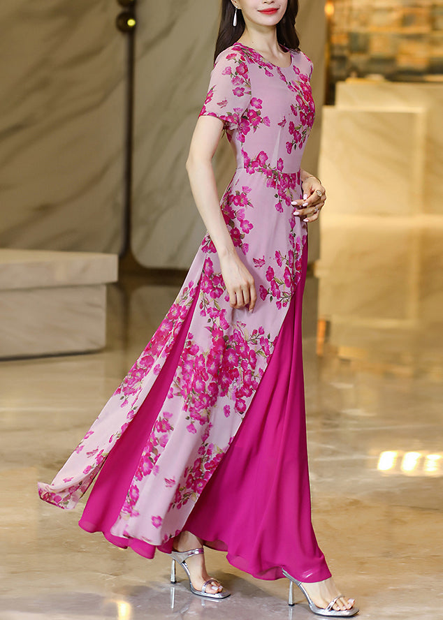 Chic Rose Asymmetrical Print Patchwork Chiffon Dresses Summer