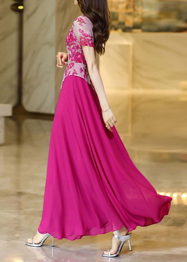 Chic Rose Asymmetrical Print Patchwork Chiffon Dresses Summer