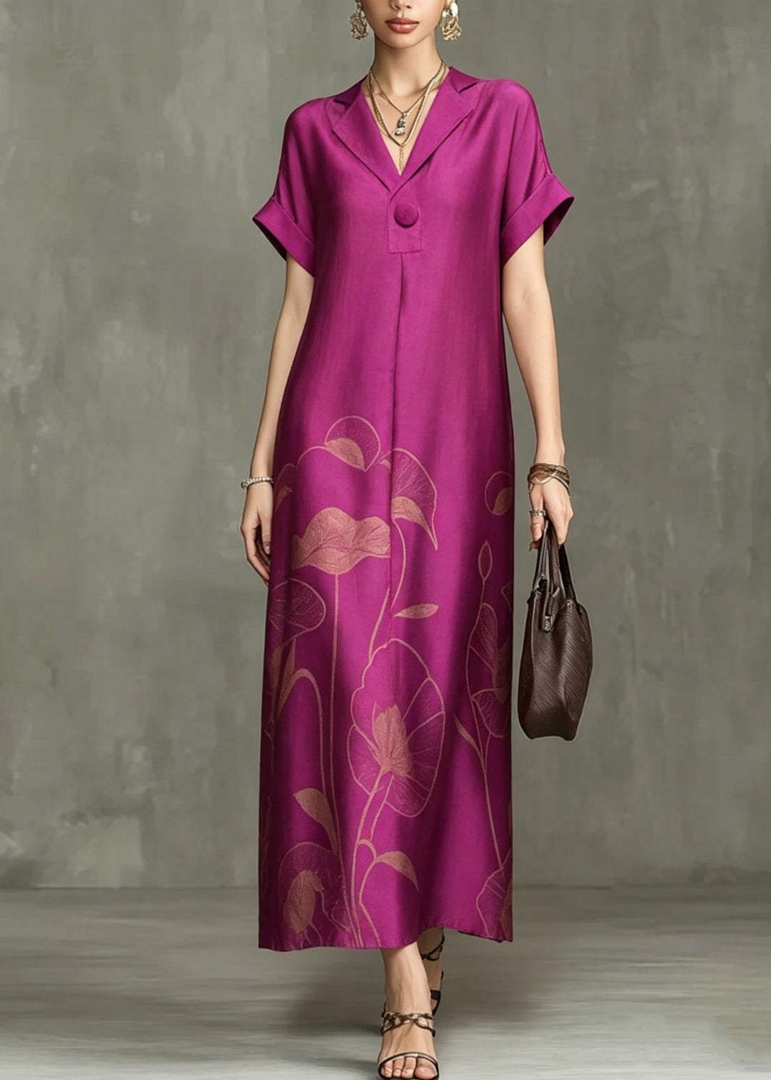 Chic Rose Notched Print Maxi Dresses Summer