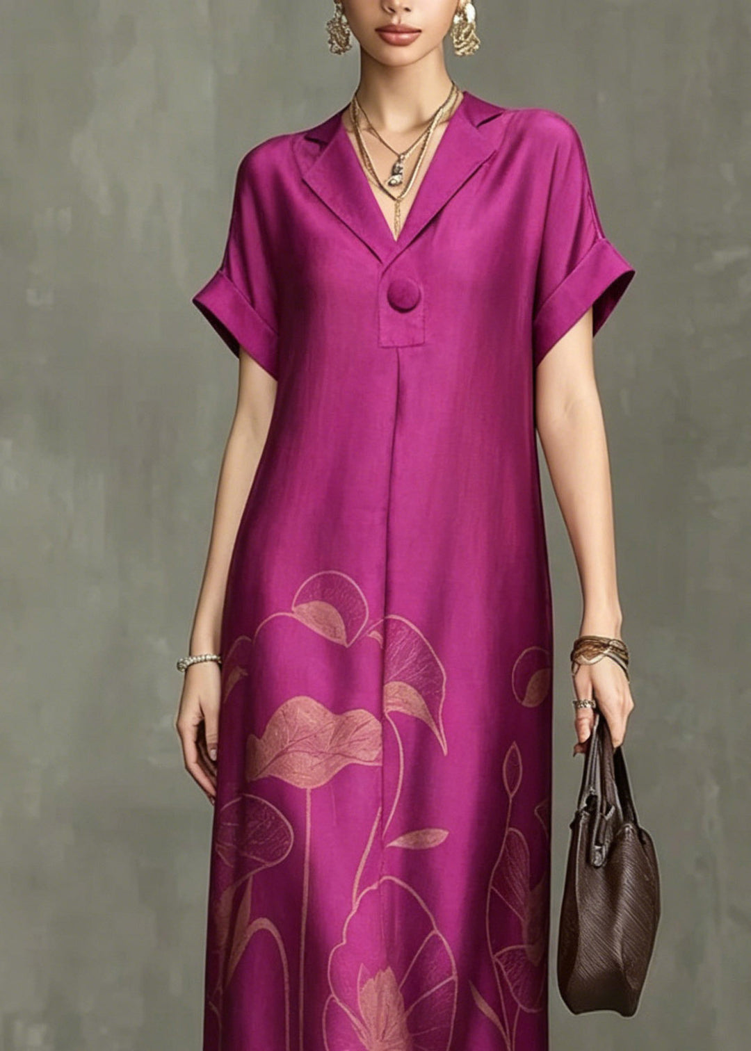 Chic Rose Notched Print Maxi Dresses Summer