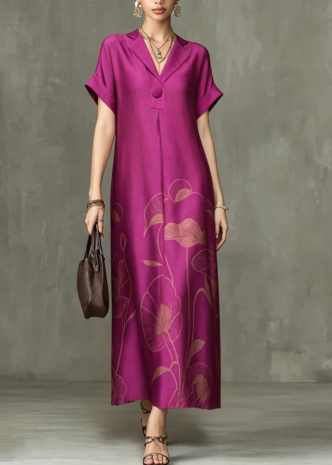 Chic Rose Notched Print Maxi Dresses Summer