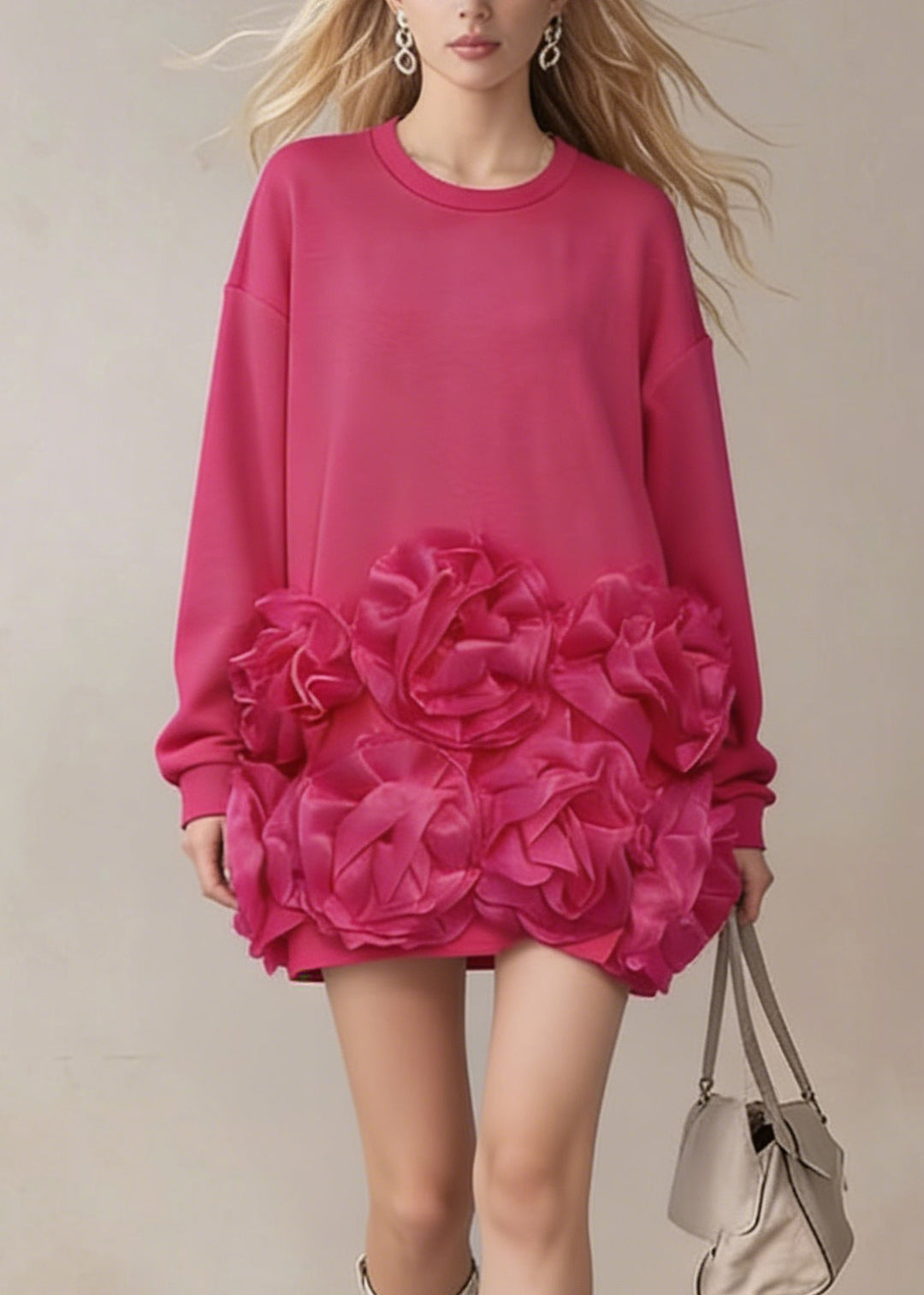 Chic Rose O Neck Floral Cotton T Shirt Dress Spring