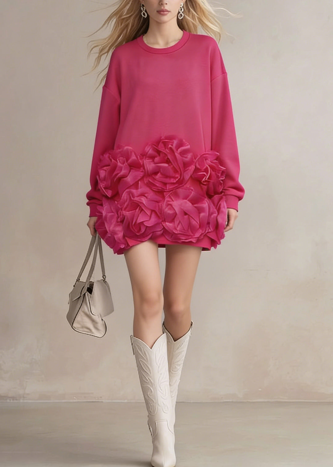 Chic Rose O Neck Floral Cotton T Shirt Dress Spring