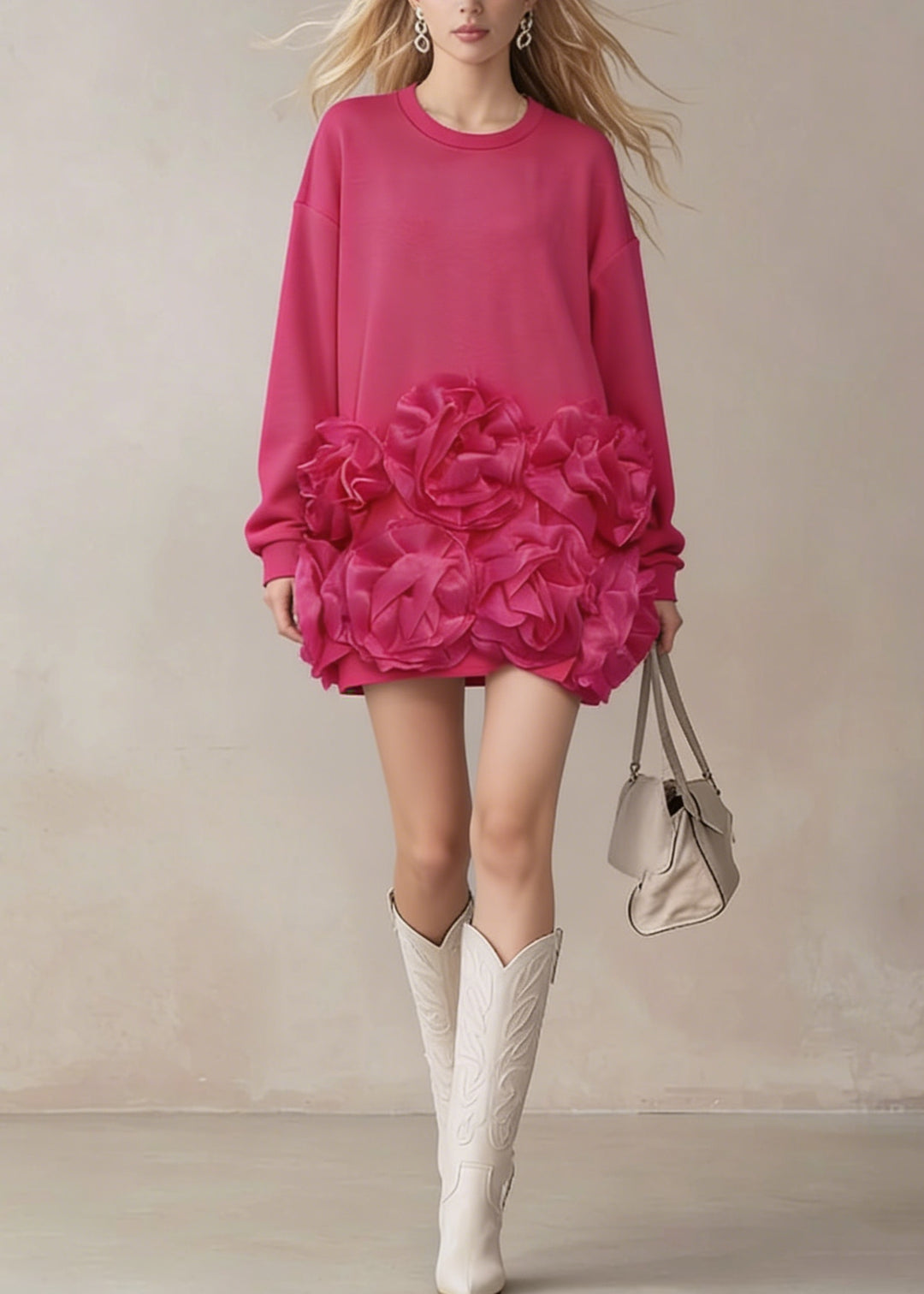 Chic Rose O Neck Floral Cotton T Shirt Dress Spring