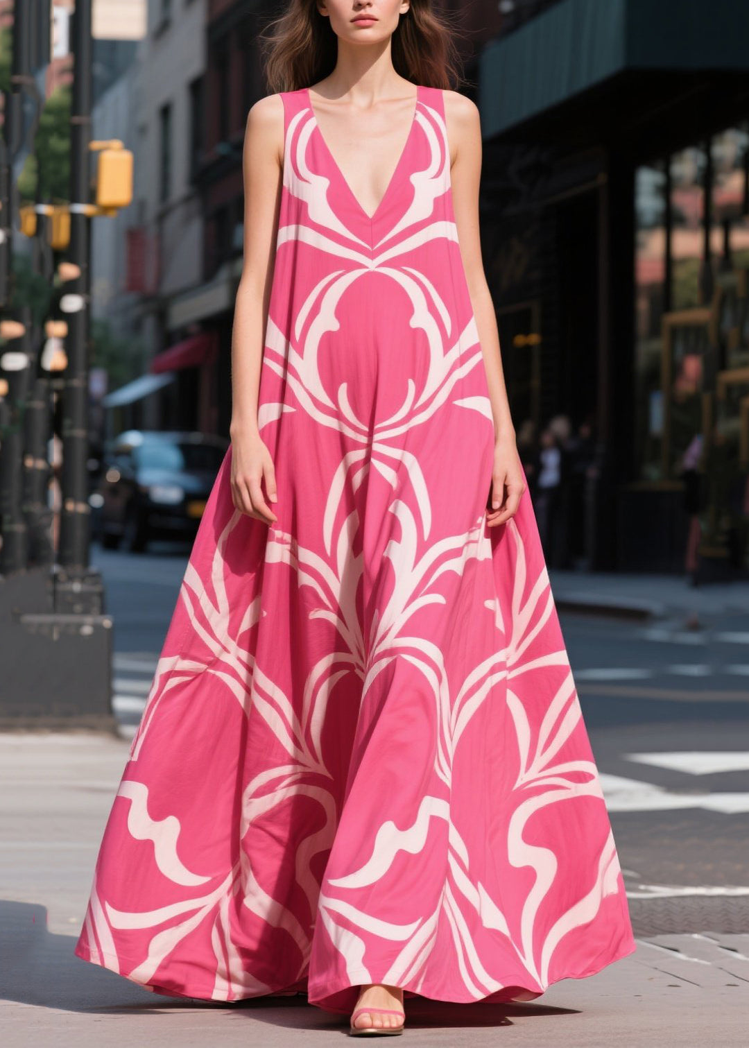 Chic Rose Oversized Print Chiffon Maxi Dresses Summer