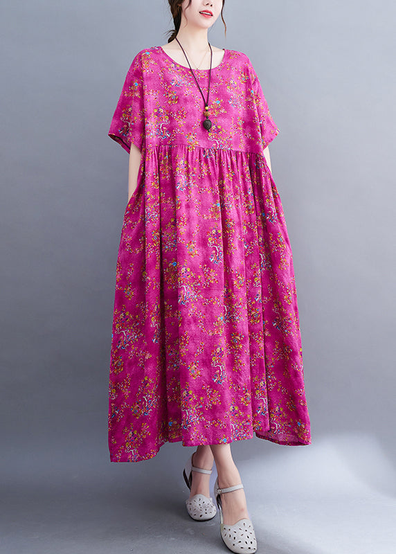 Chic Rose Print Patchwork Long Dresses Short Sleeve