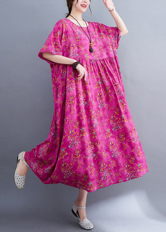 Chic Rose Print Patchwork Long Dresses Short Sleeve