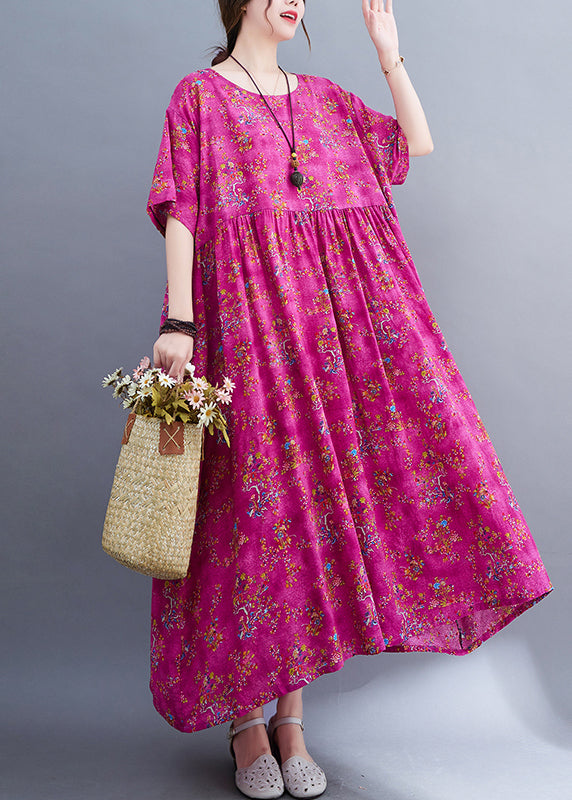 Chic Rose Print Patchwork Long Dresses Short Sleeve