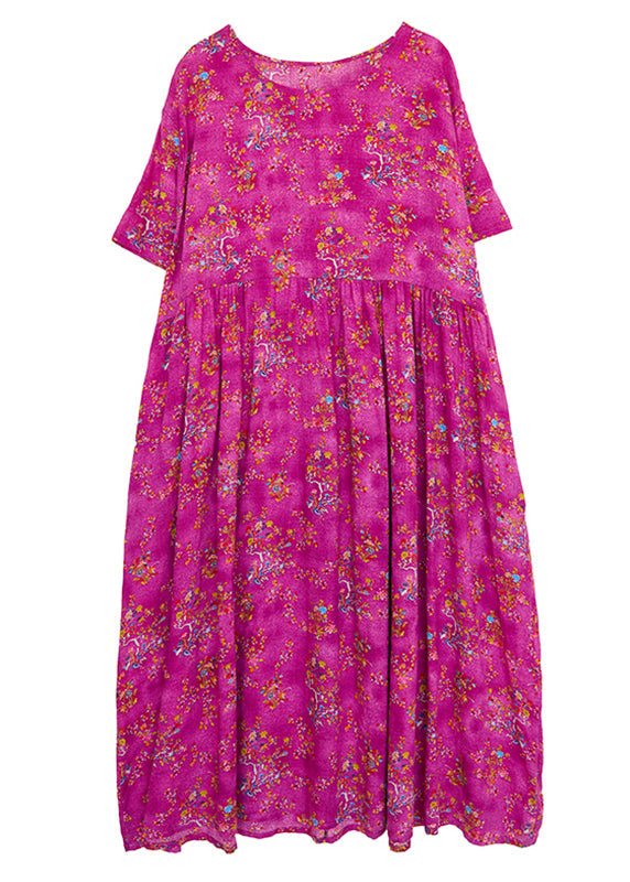 Chic Rose Print Patchwork Long Dresses Short Sleeve