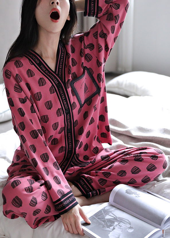 Chic Rose V Neck Print Cotton Pajamas Two Pieces Set Fall
