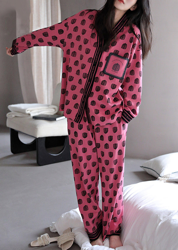 Chic Rose V Neck Print Cotton Pajamas Two Pieces Set Fall