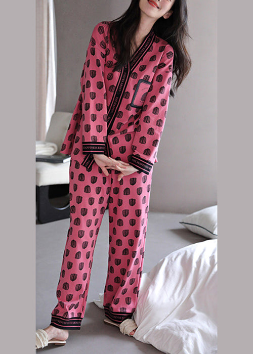 Chic Rose V Neck Print Cotton Pajamas Two Pieces Set Fall
