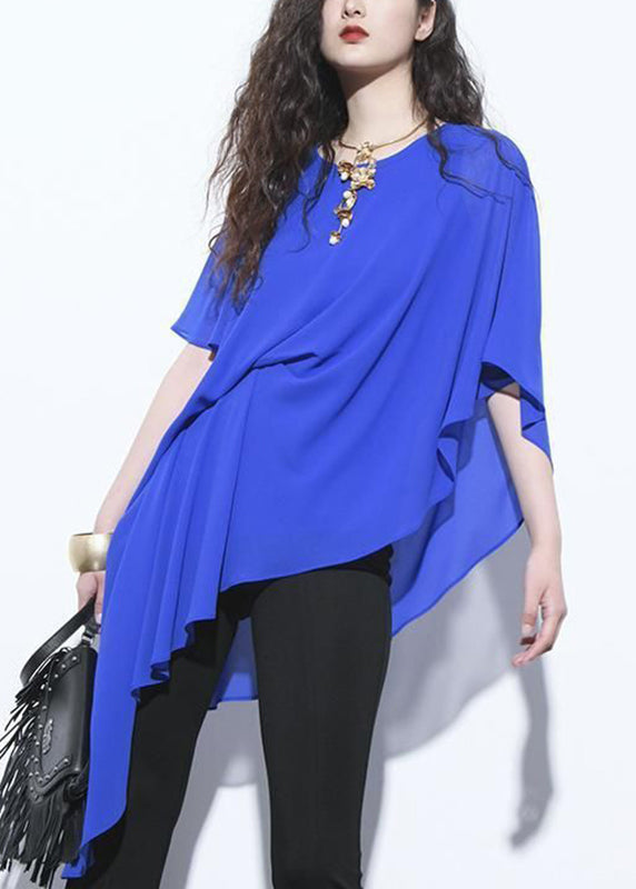 Chic Royal Blue Asymmetrical Chiffon Shirt Short Sleeve