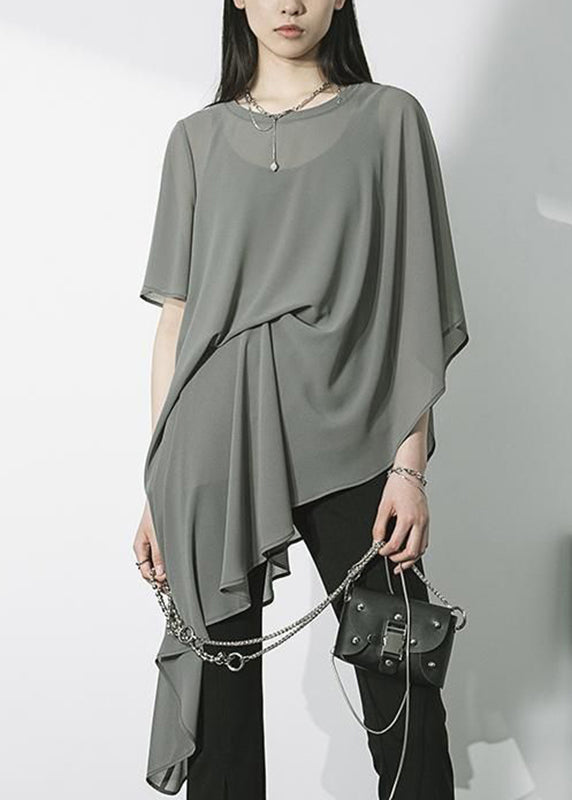 Chic Royal Blue Asymmetrical Chiffon Shirt Short Sleeve