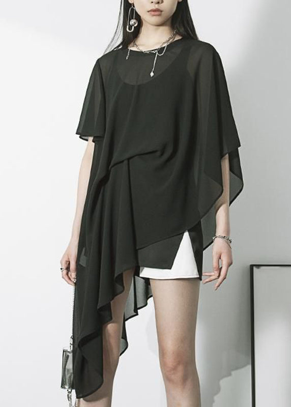 Chic Royal Blue Asymmetrical Chiffon Shirt Short Sleeve