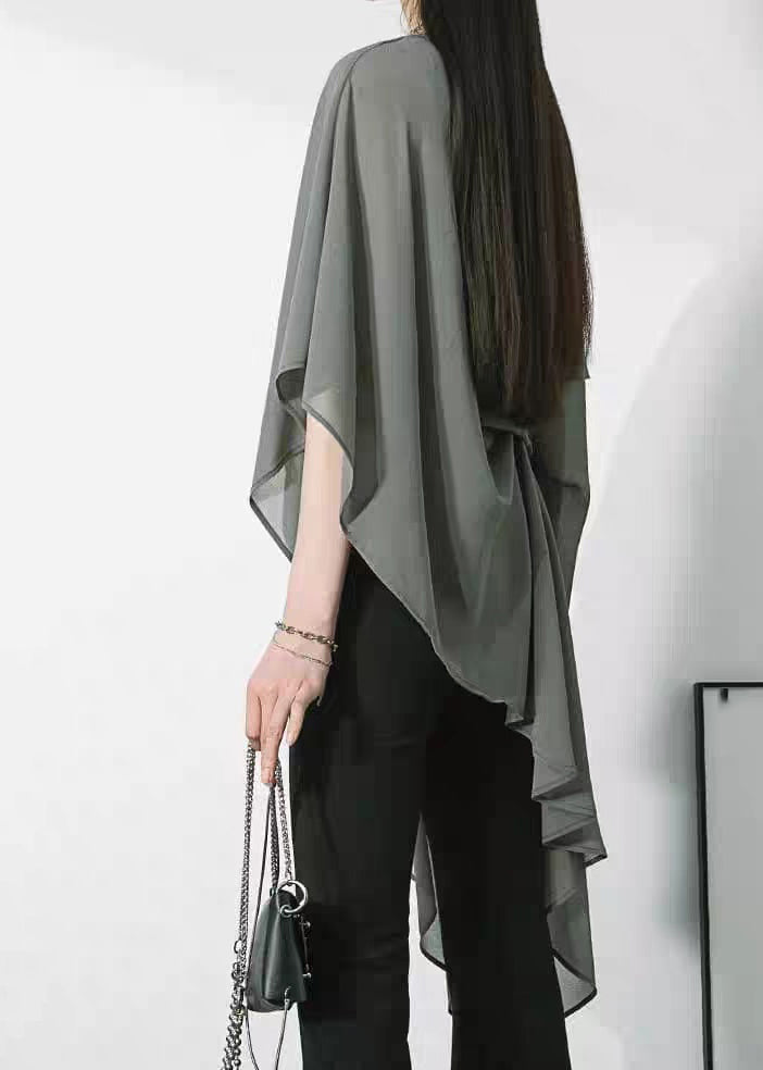 Chic Royal Blue Asymmetrical Chiffon Shirt Short Sleeve