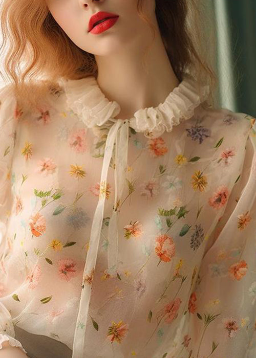 Chic Ruffled Lace Up Print Chiffon Shirt Fall