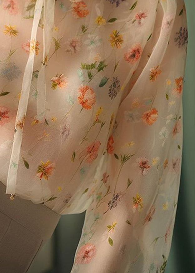 Chic Ruffled Lace Up Print Chiffon Shirt Fall