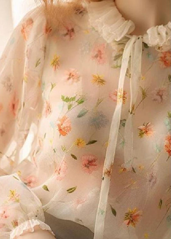 Chic Ruffled Lace Up Print Chiffon Shirt Fall