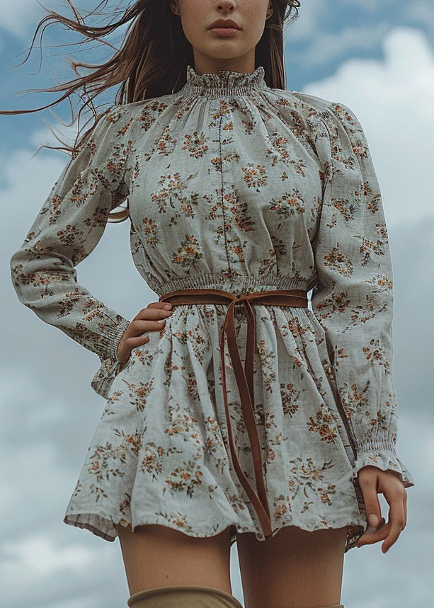 Chic Ruffled Print Pastoral Style Cotton Mini Dress Spring