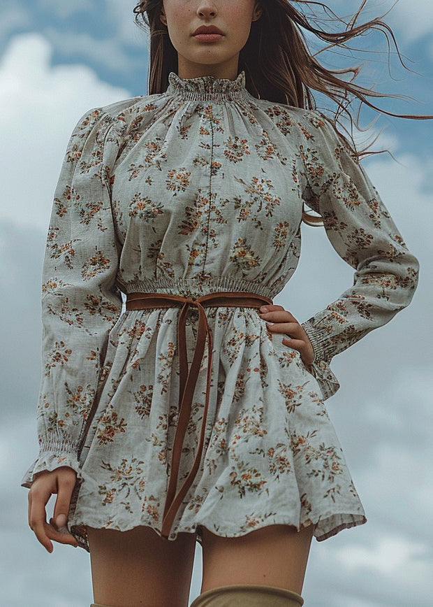 Chic Ruffled Print Pastoral Style Cotton Mini Dress Spring