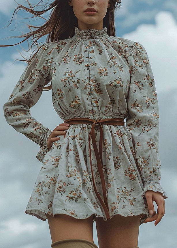Chic Ruffled Print Pastoral Style Cotton Mini Dress Spring
