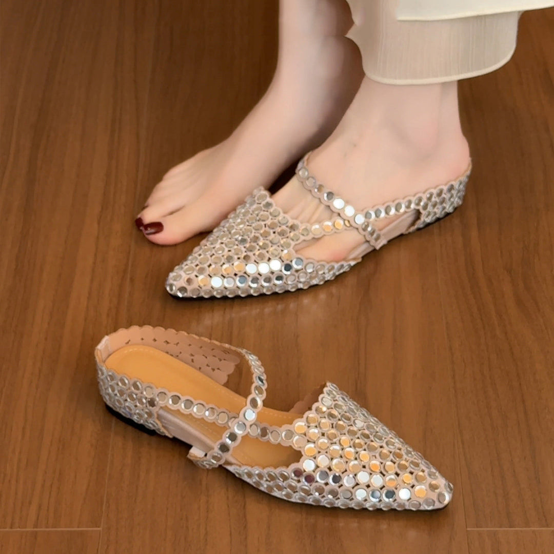 Chic Sequins Splicing Silver Faux Leather Slide Sandals Pointed Toe