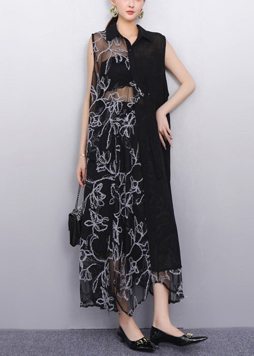 Chic Sheer Floral Black Asymmetrical Chiffon Two Pieces Set Sleeveless