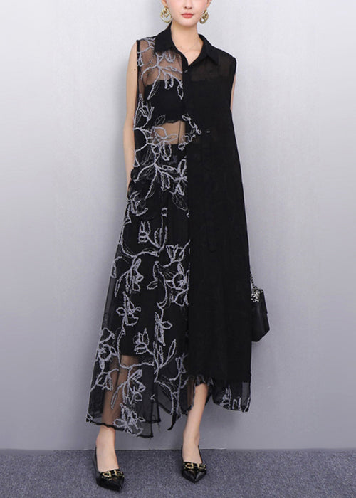 Chic Sheer Floral Black Asymmetrical Chiffon Two Pieces Set Sleeveless