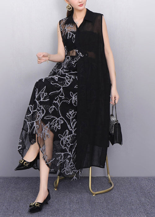 Chic Sheer Floral Black Asymmetrical Chiffon Two Pieces Set Sleeveless
