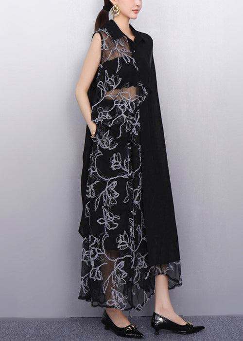 Chic Sheer Floral Black Asymmetrical Chiffon Two Pieces Set Sleeveless